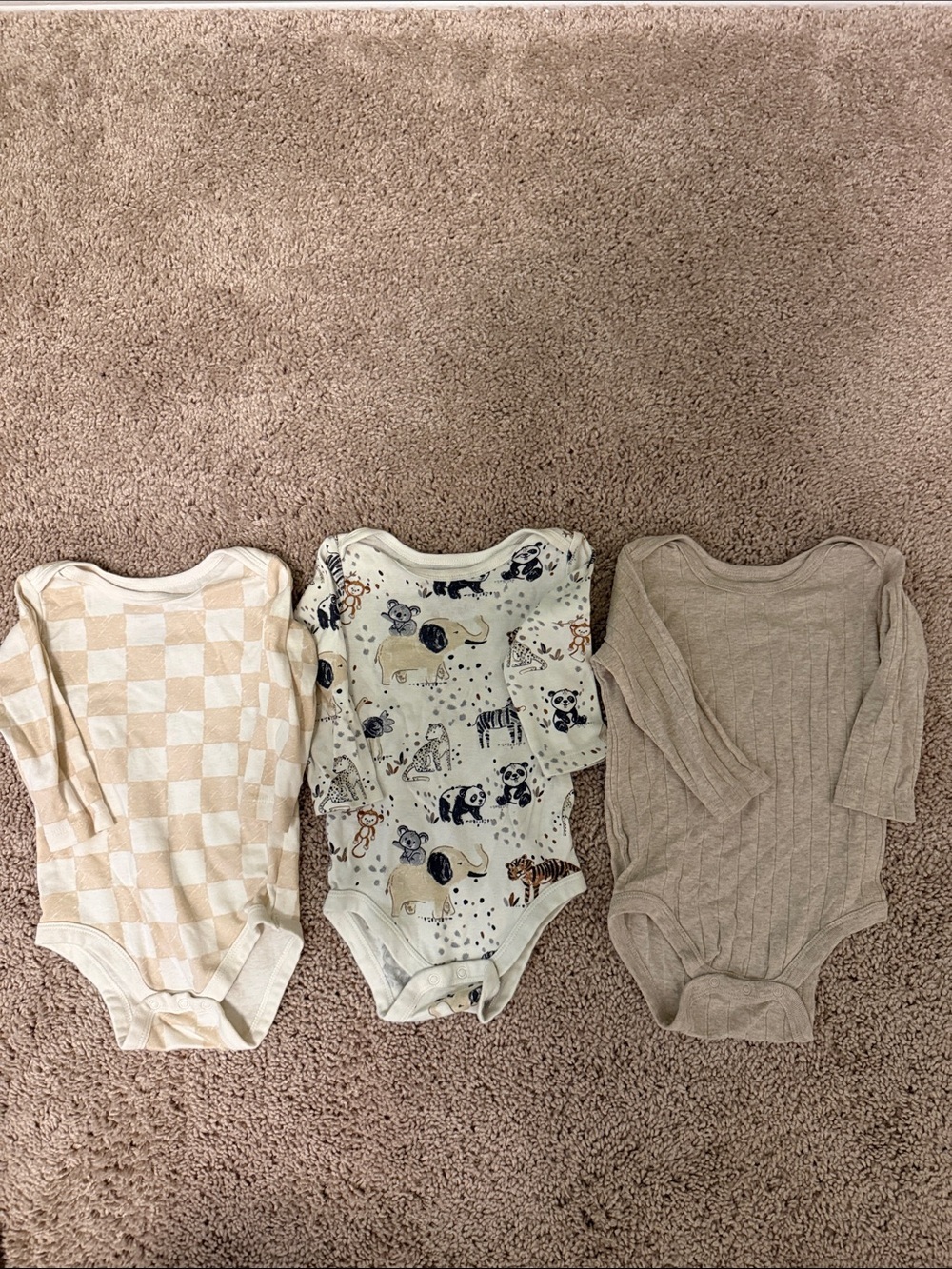 Members Mark Organic Cotton Neutral Animal & Checker Knit L/S Baby Onesies 9M